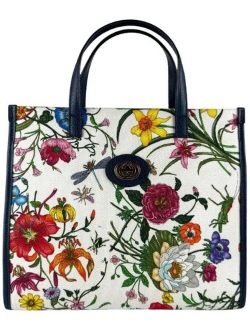 Auth GUCCI Flora Handbag Shoulder Bag Navy/Multicolor Canvas/Leather - z9917